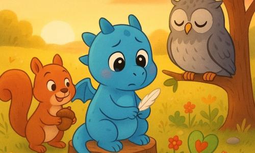 Lilo, um pequeno dragão azul de corpo redondo e bochechas rechonchudas, sentado numa toco segurando uma pequena pena branca; Nuna, uma velha coruja cinzenta de plumagem salpicada, adormecida numa rama baixa à direita; um esquilo alegre à esquerda com uma avelã, inclinado compadecido; clareira dourada ao anoitecer com ervas macias, flores silvestres, pedras redondas e um pequeno jardim-memorial com flores plantadas e uma folha pintada em forma de coração — cena calma de lembrança, Lilo reunido junto ao jardim em homenagem a Nuna, luz quente do pôr do sol e cores em tons pastéis.