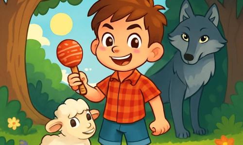 Um garoto de 8 anos, Nuno, com cabelos castanhos e olhos curiosos, está em uma clareira ensolarada, com o rosto marcado pela excitação. Ele usa uma camisa xadrez vermelha e um short de denim, segurando um chocalhinho na mão. Ao seu lado, um pequeno cordeirinho branco chamado Fiapo, com olhos suaves e pelagem macia, se aconchega em sua perna. Ao fundo, um elegante lobo cinza observa Nuno com uma expressão intrigante, ligeiramente afastado na sombra das árvores. A clareira é cercada por grandes carvalhos e flores silvestres coloridas, criando uma atmosfera mágica. Nuno está determinado a seguir os sinais deixados por seu irmão, ciente da presença misteriosa do lobo, que é ao mesmo tempo ameaçador e fascinante. O sol brilha entre os galhos, projetando sombras dançantes no chão, enquanto o vento faz as folhas sussurrarem, adicionando mistério a esse encontro inesperado.