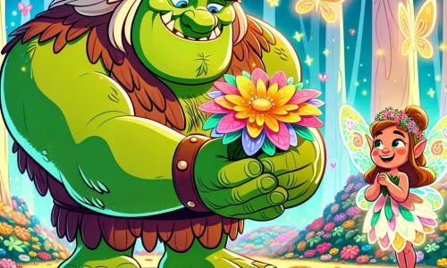 Un orco verde di nome Orsolone, grande e robusto, con un sorriso dolce e occhi scintillanti di gentilezza, si trova al centro della scena, tenendo un magnifico fiore dai petali multicolori. Accanto a lui, una piccola fata di nome Lilla, con ali scintillanti e un vestito fatto di petali di fiori, sorride gioiosamente, fluttuando leggermente sopra il suolo. La scena si svolge in una foresta magica, dove alberi dai tronchi colorati si ergono verso il cielo, fiori cantanti sbocciano intorno a loro e farfalle luminose danzano nell'aria. Orsolone, con un'espressione di scuse e felicità, presenta il nuovo fiore a Lilla, che è entusiasta e meravigliata da questo gesto amichevole.