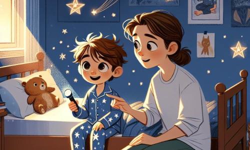 Een jongetje van 4 jaar, genaamd Tom, zit op zijn bed met grote ogen van verwondering en een beetje angst. Hij heeft rommelig kastanjebruin haar, draagt een blauwe pyjama met witte sterren en houdt een kleine zaklamp vast die lichtvormen op de muren van zijn kamer projecteert. Naast hem zit zijn moeder, een vrouw van rond de dertig met lange bruine haren en een geruststellende glimlach, die zich naast hem heeft gehurkt. Ze draagt een comfortabele t-shirt en een spijkerbroek en moedigt hem liefdevol aan terwijl ze de sterren laat zien die hij met zijn lamp maakt. De scène speelt zich af in Tom's kamer, een warme ruimte met lichtblauwe muren, posters van planeten en dieren aan de muur, en een plafond waar je de schitterende sterren kunt voorstellen. Een raam laat wat maanlicht binnen, wat een zachte en rustgevende sfeer toevoegt. Tom, met een mix van opwinding en moed, verlicht het plafond met zijn zaklamp, waardoor een mooie sterrenconstellatie ontstaat die om hem heen danst, terwijl zijn moeder hem aanmoedigt om niet bang te zijn voor de duisternis.