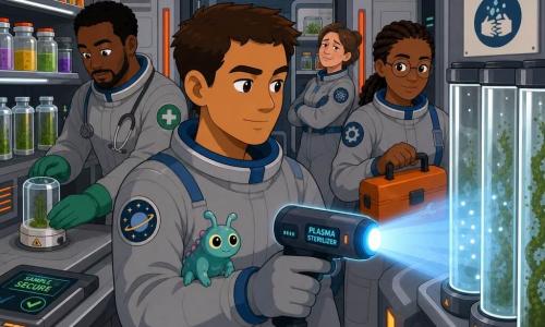 A determined, serene man (about 28) with short brown hair in a gray spacesuit with blue stripes aims a small blue-plasma sterilizer with a faint halo at glass tubes; a braided-hair woman (about 32) engineer with round glasses holds an orange toolbox behind him to his right, a calm man (about 30) doctor in green gloves places a small containment capsule on a table to the left, and in the background a breathless but relieved researcher (about 40) leans against a shelf of jars watching from the lab door; the narrow space lab has gray metal walls, shelves of colorful vials, transparent cylindrical tanks with green algae, orange light panels and visible ducts; the man uses the sterilizer to neutralize a thin moving film on the tanks as blue light sweeps surfaces and tiny sparkling particles fade, while a small stowaway creature perched on his glove blinks curiously.