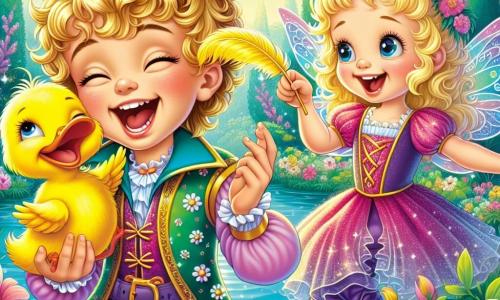 In the center of the image, Prince Giggle, a boy with curly blonde hair and sparkling mischievous eyes, is laughing heartily while holding a golden feather. He wears a colorful tunic with floral patterns and purple velvet pants. His face radiates joy and amusement as he tickles a small duck. To his right, the little fairy Sparkle, a girl with shimmering wings and a pink dress, smiles while raising her magic wand. She has long wavy hair and bright eyes, appearing ready to make the flowers dance around them. On the left, Silly, the duck, is a bright yellow bird with a cheeky expression, laughing as his feathers are ruffled by the prince's tickling while standing on a stone by a pond. The setting is a beautiful enchanted garden filled with colorful flowers, majestic trees, and a sparkling pond. Sunbeams filter through the leaves, creating a magical and joyful atmosphere. The main scene shows Prince Giggle tickling Silly the duck with the golden feather, while Sparkle the fairy prepares to make the flowers dance with her wand, filling the air with laughter and magic.