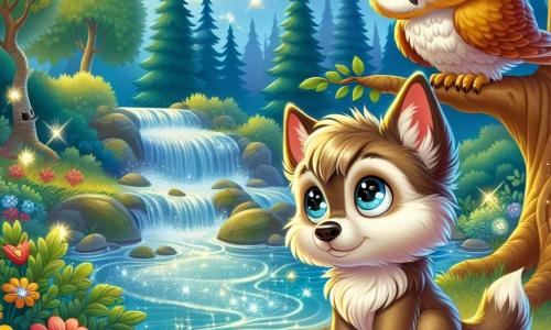 Wally, a small wolf with bright eyes and soft, fluffy fur, stands by a sparkling stream, his face radiating curiosity and wonder. He attentively watches the flowing water, his ears perked up, ready to ask a new question. Next to him, a wise owl with golden feathers and large round eyes perches on a tree branch, observing Wally with a kindly smile. Its expression is calm and encouraging, as if ready to share a new lesson. The setting is a lush forest filled with majestic trees with vibrant green leaves, colorful flowers dancing in the breeze, and a blue sky dotted with fluffy clouds. The stream, with its shimmering reflections, winds through the landscape, adding a touch of magic to the environment. The main scene shows Wally asking a question to the owl, looking thoughtful and attentive, while the owl, wisely, prepares to give him valuable insights about the meaning of life and the importance of love and curiosity.