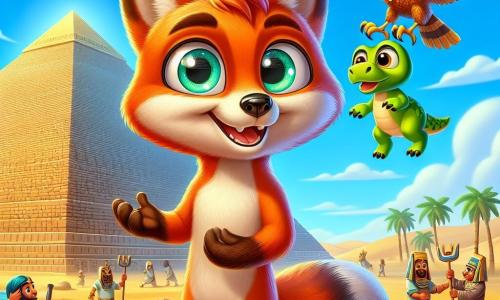 Zorrito, un pequeño zorro de pelaje rojizo y ojos llenos de curiosidad, está de pie frente a una gran pirámide egipcia, sonriendo y con las orejas en alto, listo para ayudar. A su lado, un sabio búho de plumas marrones y gafas redondas, flotando en el aire, observa con orgullo, sus ojos brillando de inteligencia. Un pequeño dinosaurio verde, con escamas brillantes y aspecto inquieto, está al fondo, mirando a Zorrito con esperanza, moviendo sus pequeñas patas. El escenario es un paisaje egipcio soleado, con dunas de arena dorada, un cielo azul brillante y palmeras verdes. La majestuosa pirámide se alza al fondo, rodeada de trabajadores egipcios que transportan piedras. La escena muestra a Zorrito extendiendo su pata para ayudar a un grupo de trabajadores a levantar una pesada piedra, simbolizando el espíritu de colaboración y aventura.