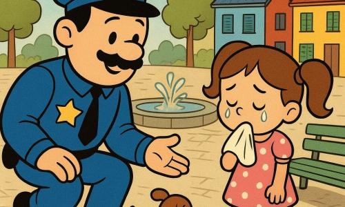 Un policía llamado Tomás, de uniforme azul, arrodillado y sonriente pero concentrado, señala unas huellas junto a la fuente mientras habla con calma a Lucía, una niña de unos 5 años con dos coletas y vestido rosa de lunares que llora suavemente con un pañuelo; un perro pequeño y marrón mueve la cola olfateando cerca de un banco; la plaza pavimentada con una fuente redonda, bancos verdes y casas coloridas crea una atmósfera luminosa y esperanzadora mientras se preparan para buscar el peluche perdido.