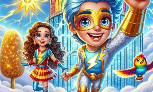 Ein Junge mit blitzblauen Haaren, funkelnden Augen und einem strahlenden Lächeln steht im Zentrum des Bildes, bereit, mit überschäumender Energie zu springen. Er trägt ein glänzendes Superheldenkostüm, verziert mit gelben Blitzen und bunten Mustern. Neben ihm steht ein 10-jähriges Mädchen, Mimo, mit langen lockigen Haaren und einem entschlossenen Blick. Sie hält ein kleines Tier, einen Vogel mit bunten Federn, und scheint bereit zu sein, mit ihm zu kommunizieren. Der Hintergrund zeigt eine Superheldenschule, ein riesiges, glitzerndes Glasgebäude, das über den Wolken schwebt, umgeben von Regenbögen. Goldene Bäume mit glänzenden Blättern stehen um die Schule und verleihen der Landschaft einen magischen Touch. Die Hauptsituation zeigt den Jungen und das Mädchen, die einen dringenden Hilferuf erhalten, mit einem großen roten Alarm, der über ihnen blinkt. Der entschlossene Ausdruck auf dem Gesicht des Blitzjungen und die Aufregung in Mimos Augen betonen die Wichtigkeit ihrer Mission.