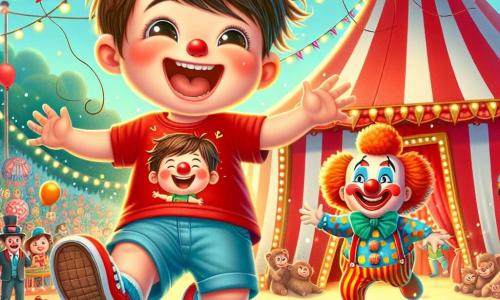 Un niño de 4 años, llamado Pablo, con cabello castaño desordenado y ojos brillantes de alegría, está saltando en un montón de globos de colores, riendo a carcajadas. Lleva una camiseta roja con un pequeño payaso dibujado y un short azul. Junto a él, un payaso divertido llamado Pipo, de unos 30 años, con un gran bigote, nariz roja y zapatos enormes, corre tras un globo que se eleva, haciendo muecas cómicas. Lleva un traje multicolor con lunares y rayas. Al fondo, el circo está decorado con grandes carpas a rayas rojas y blancas, luces centelleantes y carteles coloridos anunciando el espectáculo. La escena principal muestra a Pablo, con el rostro radiante de felicidad, sumergiéndose en los globos reventados, mientras Pipo intenta atrapar el globo que se escapa, creando un momento lleno de risas y magia.