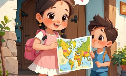 Una niña de 6 años, alegre y curiosa, ojos marrones y cabello castaño claro en dos trenzas, lleva una pequeña mochila rosa con pompón y sostiene un mapa de papel colorido; camina confiada hacia la derecha. En el fondo, una abuela de unos 70 años, cabello blanco recogido en moño, piel clara, sonriente y amable, está en el umbral y le muestra el mapa. Un niño de unos 7 años, de piel oscura afrodescendiente, con camiseta amarilla, empuja una bicicleta azul hacia la izquierda riendo, cerca de un banco del parque. A la derecha, una vendedora del mercado de unos 40 años, latina, piel oliva y cabello negro trenzado, sostiene una cesta de frutas coloridas y sonríe desde su puesto. Lugar: calle de barrio soleada con adoquines coloreados, casas de fachadas pastel, árboles redondeados, banco de madera, puesto de frutas rojas y naranjas y una biblioteca al fondo con una gran puerta azul. Situación: la niña consulta su “mapa de los colores” y descubre personas diversas a su alrededor; escena cálida, colores vivos, siluetas suaves, ambiente de ayuda y curiosidad. Estilo gráfico: trazos gruesos, sombras ligeras, paleta saturada y contrastada, ambiente luminoso y alegre, composición centrada en la niña.