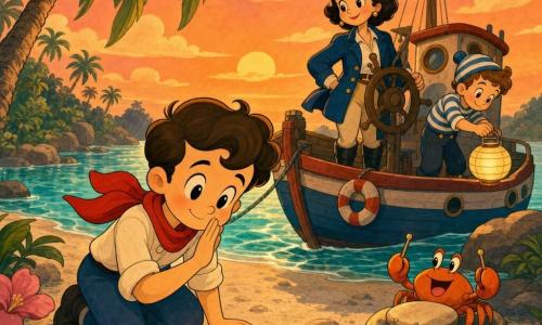 A round-faced boy of about 10 kneels by a ring of colorful shells, a bright red scarf around his neck, hands on warm sand, whispering softly as the shells glow; behind him the 35-year-old captain with short hair and a sailor’s hat, blue jacket and boots, stands at the helm of the small ship, watching with pride and tenderness. A deckhand boy of about 8 in a striped cap places a small paper lantern on the deck beside the rail of the boat anchored a few meters off. A small bright orange crab taps joyfully on a rock beside the shells, which form a luminous blue, pink and gold circle on smooth stones. The setting is a tropical lagoon with very fine beige-pink sand, leaning palms, glassy turquoise water and an orange-pink sunset sky. The scene is calm and warm, the boy speaking gently to the glowing shells, the boat “Little Cloud” anchored offshore, the captain watching, all conveying safety, wonder and saturated colors.