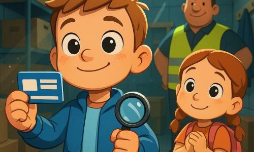 Een ontroerende trotse jongen van 6 jaar, grote heldere ogen, kort lichtbruin haar, in een blauw jasje met een plastic vergrootglaasje in de hand, houdt triomfantelijk een blauw-witte bibliotheekbadge als een schat, timide glimlach en heldhaftige houding; rechts iets naar voren staat Sara, ongeveer 5 jaar, rond gezicht met vlechtjes en een roze rugzak over één schouder, kijkt vol bewondering met gevouwen handen; achter hen staat een dertiger, breed postuur, stadionmedewerker met geel veiligheidshesje bij een stelling, handen in de zij en opgeluchte uitdrukking; locatie: kleine voorraadruimte in het stadion met koude neonverlichting, kartonnen dozen, jassen aan haken en betonvloer met kruimels; situatie: moment van ontdekking — de jongen vond zijn badge in een open doos, intieme triomf en warme, veilige sfeer, close-up compositie op gezichten en badge, levendige kleuren en zachte texturen.