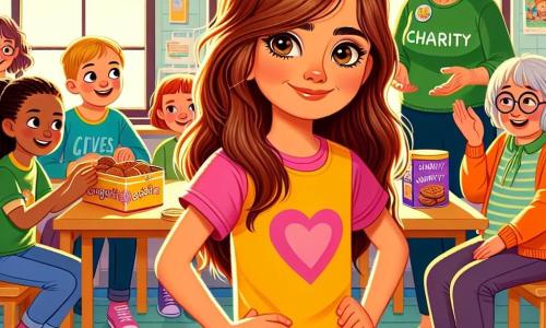 Una ragazza di 10 anni, Sofia, con lunghi capelli castani e occhi brillanti di determinazione, si trova al centro dell'immagine, con le mani sui fianchi e un sorriso caloroso sul volto. Indossa una maglietta colorata e dei jeans, e il suo sguardo esprime grande compassione. Accanto a lei, la signora Lucia, una donna di circa 60 anni, con capelli grigi e occhiali rotondi, sorride mentre tiene una scatola di biscotti. È leggermente curvata, ma il suo viso irradia gentilezza. Sullo sfondo, un gruppo di bambini di diverse età, dai 8 ai 12 anni, discute e ride, tenendo manifesti colorati per la raccolta fondi. Il luogo è un centro comunitario accogliente, con pareti pitturate di colori vivaci, tavoli di legno con giochi e libri, e una grande finestra che fa entrare la luce del sole. La scena principale mostra Sofia, entusiasta, mentre presenta la sua idea di raccolta fondi ai suoi amici, mentre la signora Lucia li incoraggia con un sorriso benevolo. I bambini, intrigati e motivati, iniziano a discutere delle loro idee, creando un'atmosfera di unità e solidarietà.