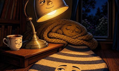 La lampada antropomorfa in metallo antico è il personaggio principale: paralume con volto rotondo, sorriso discreto e sguardo dolce, luce ambrata e soffusa, posata su un tavolino e leggermente inclinata come se respirasse; il tappeto a righe è secondario: ampio e morbido, motivi crema e blu, disteso ai piedi della lampada come una strada dolce; la tazza di tè in porcellana bianca con un anello di tè è piccola e posata a sinistra della lampada, espressione contenta e stanca; il plaid di maglia grossa color senape sul divano forma un nido morbido sullo sfondo; dalla finestra si vede un giardino notturno con luna sottile, sagome di alberi e cielo indaco; il salotto ha parquet scuro, scaffali bassi con pochi libri e una piccola orologio a muro, ombre lunghe e atmosfera calda e ordinata; la scena principale mostra la lampada che illumina un cerchio di luce soffusa sul tappeto e 