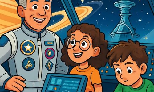 Captain Elias Voss stands in front of the cockpit of his spaceship, the Starbird. He has graying hair, bright eyes, and a warm smile, expressing pride and excitement. He wears a silver spacesuit adorned with mission badges. Beside him is a 12-year-old girl, Ava, with curly hair and glasses, marveling at the control screen, her eyes sparkling with curiosity. An 11-year-old boy, Mateo, leans over a holographic map, focused, with messy brown hair and a plant-patterned t-shirt. The Starbird's cockpit is filled with shimmering lights and futuristic control panels, with large windows offering a spectacular view of the colorful rings of Saturn stretching into the distance. The main scene shows the moment the ship approaches Polaris Station, a spiral structure of glass and metal floating in space, surrounded by twinkling stars. Captain Voss explains the wonders of space exploration to the children as they prepare to discover new horizons.