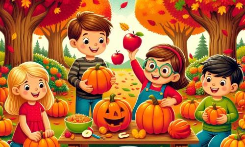 In einem bunten Herbstgarten sind vier Kinder versammelt. Anna, ein 8-jähriges Mädchen mit langen blonden Haaren und einem roten Kleid, lächelt und hält einen großen orangefarbenen Kürbis. Neben ihr schneidet Ben, ein 9-jähriger Junge mit braunen Haaren und Brille, konzentriert einen weiteren Kürbis mit einem Plastikmesser. Carla, ein 7-jähriges Mädchen mit zwei Zöpfen und einem gelben Pullover, hält begeistert einen schönen roten Apfel über ihren Kopf. Schließlich lacht David, ein 8-jähriger Junge mit schwarzen Haaren und einem grünen T-Shirt, während er Apfelstücke in einen großen Topf auf dem Tisch wirft. Der Garten ist mit bunten Blättern in Rot, Gelb und Orange gefüllt, und majestätische Bäume stehen im Hintergrund. Der Himmel ist hellblau mit flauschigen weißen Wolken. Die Kinder bereiten eine köstliche Herbstsuppe vor, umgeben von Kürbissen und Äpfeln, lachen und haben Spaß in einer fröhlichen und warmen Atmosphäre.