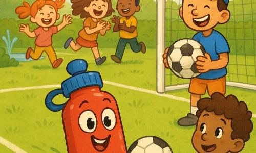 Kiki, een glanzende rode drinkfles met een getekend gezicht en grote ronde ogen, rolt trots en blij naar een half verborgen voetbal bij een waterpunt en vindt hem; Sam, iets oudere jongen met een blauwe pet, houdt de teruggevonden bal vast en lacht, Jip, een krullendharig jongetje in groen, staat opgelucht en klaar om te klappen, drie andere kinderen rennen en applaudisseren op de achtergrond, alles op een sportveld met groen gras, witte lijnen, een wit metalen doel, een dichte haag en een kleine fontein; sfeervolle late ochtendlicht, korte schaduwen, vrolijke overwinning en warme vriendschap; grafische stijl met strakke lijnen, verzadigde kleuren, eenvoudige texturen, overdreven expressies en ronde vormen geschikt voor kinderen.