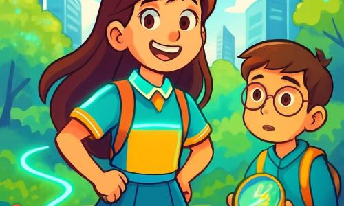 Una niña de 12 años, Lucía, con largos cabellos castaños y ojos llenos de curiosidad, se encuentra en el centro de la imagen, sonriente y llena de energía. Lleva un uniforme escolar futurista de colores vivos, con placas luminiscentes que brillan. A su lado, un niño de su edad, Carlos, tiene el cabello corto y gafas redondas. Mira a Lucía con una expresión de esperanza, sosteniendo una brújula urbana brillante en sus manos. Al fondo, un parque escondido entre dos rascacielos, con árboles de hojas fluorescentes y flores coloridas, crea una atmósfera mágica. La escena muestra a Lucía y Carlos siguiendo una línea luminosa proyectada por la brújula, simbolizando su búsqueda para encontrar a la hermana de Carlos, con elementos futuristas como drones y transportes voladores flotando en el cielo.