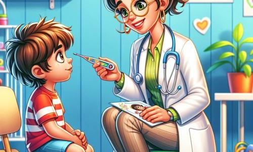 La doctora Lucía es una mujer sonriente de unos 30 años, con una bata blanca impecable y gafas redondas. Tiene el cabello castaño recogido en un moño y una mirada cálida y compasiva. Está agachada, sosteniendo un termómetro de colores frente a un niño. Pablo es un niño de 8 años, con el cabello despeinado y una expresión curiosa. Lleva una camiseta roja y un pantalón corto azul, sosteniendo un dibujo de la doctora Lucía en su mano. Está sentado en una silla, mirándola con admiración. El lugar es un consultorio médico luminoso, decorado con dibujos de niños en las paredes, plantas verdes en las ventanas y juguetes de colores en el suelo, creando una atmósfera acogedora y alegre. La situación principal muestra a la doctora Lucía examinando a Pablo, quien tiene una ligera fiebre. Ella le sonríe, reconfortante, mientras él le muestra su dibujo, ilustrando la conexión cálida entre el médico y su joven paciente.