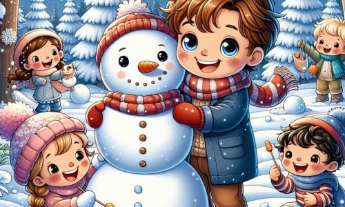 Un niño de 7 años, Lucas, con pelo castaño desordenado y ojos brillantes de curiosidad, está construyendo un muñeco de nieve en un paisaje invernal mágico. Lleva una bufanda roja y un abrigo azul, y su rostro está iluminado por una gran sonrisa de alegría. A su lado, hay un grupo de tres niños: una niña de 6 años con trenzas rubias y un gorro rosa que ríe mientras coloca una zanahoria en la nariz del muñeco; un niño de 8 años con gafas y un suéter a rayas que sostiene un cubo para hacer el sombrero; y otra niña de 7 años con cabello rizado castaño que hace ángeles en la nieve con los brazos extendidos. El escenario es un hermoso bosque nevado, donde los árboles están cubiertos de una espesa capa de nieve brillante bajo la luz de la luna. Copos de nieve caen suavemente, creando una atmósfera mágica y cálida. La situación principal muestra a Lucas y sus amigos riendo y jugando en la nieve, unidos por el espíritu navideño, mientras se preparan para terminar su muñeco de nieve, símbolo de su amistad y de la magia de esa noche estrellada.