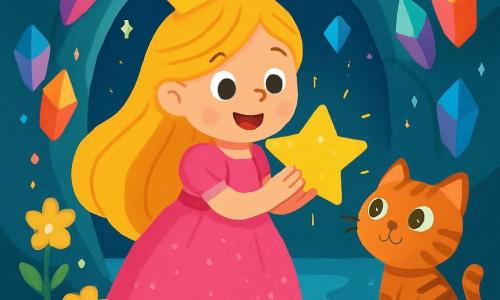 Una principessa di nome Stella, di circa 7 anni, con lunghi capelli dorati e un vestito rosa scintillante, sorride meravigliata tenendo in mano una brillante stella d'oro. Accanto a lei, il suo gattino Micio, un piccolo gatto dal pelo tigrato e dagli occhi verdi vivaci, la guarda con curiosità, seduto su una pietra liscia. La scena si svolge in una grotta magica, con pareti scintillanti di cristalli colorati, dove riflessi di luce danzano sul pavimento. Fiori luminescenti crescono intorno all'entrata della grotta e un ruscello argentato scorre dolcemente nelle vicinanze, aggiungendo un tocco fiabesco all'atmosfera. Stella scopre la preziosa stella d'oro, illuminando il suo volto di una gioia splendente, mentre Micio si avvicina con aria intrigata, pronto a esplorare questa meraviglia con lei.