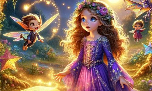 Livia, una giovane strega di nove anni, si trova al centro della scena, con lunghi capelli ricci e occhi scintillanti di curiosità. Indossa un abito viola decorato con stelle brillanti e tiene un antico libro di magia aperto davanti a sé, il suo viso illuminato da una luce dorata che proviene dalle pagine. Accanto a lei, Pip, un piccolo folletto dispettoso con orecchie a punta e un sorriso malizioso, vola nell'aria, circondato da piccole scintille luminose. Sullo sfondo, un drago di carta colorato si erge nel cielo, aggiungendo un tocco di magia alla scena. Il decor è una radura incantata, illuminata dalla luce di una luna brillante, circondata da alberi maestosi con foglie dorate e argentate. Fiori multicolori danzano al ritmo del vento e lucciole illuminano l'ambiente con una dolce luce. La situazione principale mostra Livia e Pip che si preparano per la grande festa della magia, mentre scoprono insieme il potere dell'amicizia e della magia, pronti ad affrontare le sfide che li attendono in questo mondo fantastico.