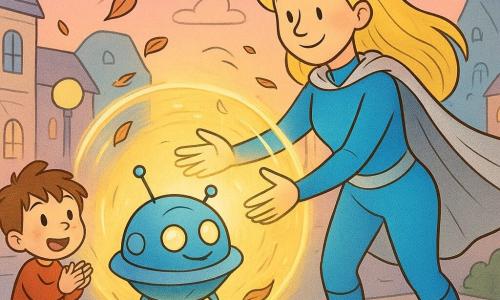 A tall smiling heroine with golden hair, wearing a shiny blue suit and soft silver cape, calmly reaches out glowing hands to protect a small round comet-ship; a tousle-haired 5-year-old boy on the sidewalk applauds with wonder while a tiny yellow bird perches on the cape, and in a colorful small town at dusk—pastel houses, round streetlamps and a pink-blue sky—the cape billows, leaves whirl and a warm golden bubble forms around the ship as neighbors watch and smile.
