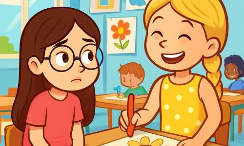 Há 2 personagens principais: - Lívia: uma menina de 8 anos, com longos cabelos castanhos e óculos redondos. Ela usa uma camiseta rosa e um short de jeans, está sentada à mesa, com as mãos nos joelhos e uma expressão de hesitação no rosto. - Sofia: uma menina de 8 anos, com cabelos loiros trançados e um grande sorriso. Ela veste um vestido amarelo com bolinhas e está em pé, desenhando um grande girassol em uma folha de papel, cheia de confiança. A cena se passa em uma sala de aula iluminada, com paredes pintadas de azul claro e janelas que deixam entrar a luz do sol. Há cartazes coloridos de desenhos infantis nas paredes e mesas de madeira dispostas em círculo, criando uma atmosfera acolhedora. A situação principal mostra Lívia, nervosa, observando Sofia desenhar com entusiasmo, enquanto outras crianças ao redor se divertem desenhando. Lívia hesita em pegar seu lápis, mas admira o sorriso da amiga, que a encoraja a se juntar.