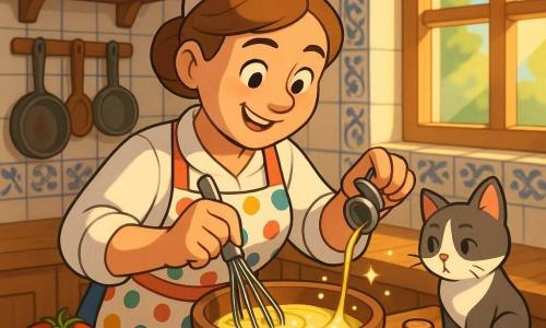 Marta, chef sorridente e concentrada, rosto redondo, cabelo castanho-claro em coque e avental colorido de bolinhas, mexe com um batedor metálico uma emulsão cremosa numa tigela de madeira enquanto verte lentamente azeite em fio; o gato Bolinha, pequeno e grisalho, está sentado no balcão de madeira próximo, curioso; sobre o balcão há tomates brilhantes, folhas de manjericão, dentes de alho e uma garrafa de azeite; a cozinha é luminosa com azulejos brancos e azuis, prateleiras com frascos de especiarias e uma janela aberta deixando entrar um raio de sol, criando uma atmosfera calorosa e alegre.