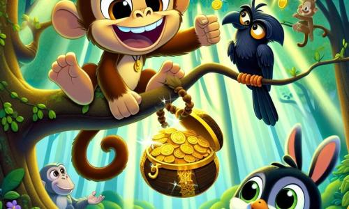 Um macaco alegre chamado Zico, com pelagem castanho claro e olhos brilhantes de travessura, está pendurado em um galho de árvore, sorrindo amplamente enquanto segura um tesouro reluzente de moedas de ouro e joias. Ao seu lado, uma corvo sábia chamada Olívia, com penas negras brilhantes e óculos redondos, está empoleirada em outro galho, observando com um olhar divertido e encorajador. Abaixo, um pequeno coelho chamado Tico, com grandes orelhas e pelagem branca, está em suas patas traseiras, com os olhos arregalados de surpresa, enquanto olha para o tesouro. A cena acontece na Floresta das Risadas, uma floresta encantada repleta de árvores majestosas com folhas verdes vibrantes, flores coloridas e uma suave luz filtrando através dos galhos. Zico, Olívia e Tico celebram a descoberta de um tesouro escondido, cercados de risos e uma atmosfera alegre, prontos para compartilhar sua aventura com todos os animais da floresta.