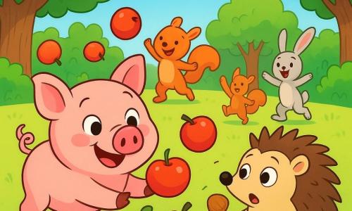 Un porc roz, cu o coadă mică în formă de tirbușon și cu ochi strălucitori de bucurie, stă în centrul unei poieni însorite, înconjurat de mere roșii și strălucitoare care se rostogolesc în toate direcțiile. Porcul, cu un zâmbet jucăuș, încearcă să adune merele împingându-le cu botul. Lângă el, un arici cu țepi aurii și ochi rotunzi, privește cu uimire, ținând un microfon făcut dintr-o ghindă și o sfoară, pregătit să anunțe recordul. În fundal, animale din pădure, precum iepurii și veverițele, râd și dansează în jurul lor, creând o atmosferă festivă. Poiana este înconjurată de copaci verzi cu frunze strălucitoare, iar cerul este de un albastru vibrant, presărat cu nori albi pufoși. Scena arată porcul și ariciul distrându-se încercând să creeze cea mai mare grămadă de mere, în timp ce celelalte animale se alătură petrecerii cu entuziasm.