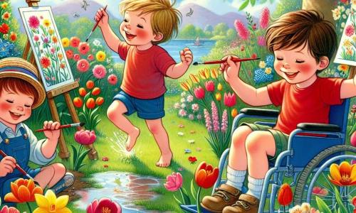 In a blooming garden, three boys gather to celebrate spring. Max, an 8-year-old in a blue wheelchair with brown hair and glasses, smiles at the colorful flowers around him. To his right, Leo, a 7-year-old with blonde hair and sparkling eyes, joyfully jumps in a red t-shirt and shorts. On the left, Ben, an 8-year-old with brown hair wearing a straw hat, laughs while playing in a puddle. The garden is filled with vibrant flowers: red tulips, yellow daffodils, and pink peonies, under a clear blue sky with white clouds. A large green tree stands in the background, with birds singing in its branches. The boys enjoy painting spring images on paper, surrounded by the beauty of nature awakening. Max paints a big sun, Leo colorful flowers, and Ben a majestic tree, all united in the joy of this sunny day.