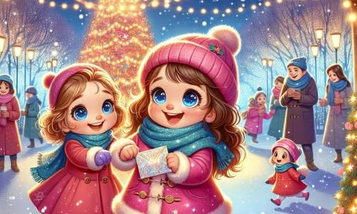 A 3-year-old girl named Lily, with curly brown hair, is wearing a bright pink coat and a blue scarf. She has large sparkling blue eyes and a wide smile on her face as she holds a shimmering letter in her small hands. Next to her is Ellie, another 3-year-old girl with curly golden hair, dressed in a red dress. She is joyfully smiling and looking at Lily with admiration, ready to join her on the adventure. The setting is an enchanting winter park, filled with twinkling lights hanging from the trees, a large illuminated Christmas tree in the center, and gentle snowflakes falling from the sky. Families gather around, sharing hot drinks and laughter. The main scene shows Lily and Ellie, hand in hand, dancing around the Christmas tree, with shining stars above them, as they prepare to send their letter to Santa Claus, full of joy and excitement.