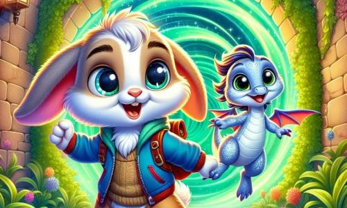 A little rabbit named Benny, with soft, silky light brown fur, wears a small blue jacket and a red backpack. He has big bright eyes and a brave smile, showing his excitement as he discovers a magical portal. Beside him is a little dragon named Lumi, with silver scales and sparkling wings, joyfully floating in the air, her eyes sparkling with happiness. The setting is an enchanted alley, lined with walls covered in lush ivy, illuminated by a soft green light emanating from the swirling portal, filled with vibrant colors like a rainbow. The main scene shows Benny and Lumi, hand in paw, ready to jump into the magical portal, their expressions full of wonder and adventure as they prepare to enter a fantastical world.