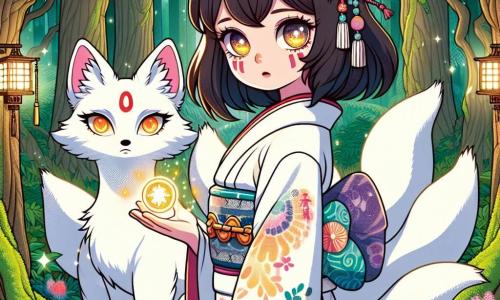 Yuki, een jonge vrouw van ongeveer 20 jaar, staat in het midden van de afbeelding, met zwart als ebbenhout haar en ogen die glanzen van nieuwsgierigheid. Ze draagt een traditionele kimono met kleurrijke bloemenmotieven, en haar gezicht toont een vastberadenheid vermengd met verwondering. Ze houdt een klein glinsterend amulet in haar hand en kijkt gefascineerd naar een kronkelig pad dat voor haar uitstrekt. Naast haar staat een kitsune, een prachtige magische vos met negen staarten, elegant. Haar ogen zijn feloranje en haar vacht is stralend wit, verlicht door het zonlicht. Ze lijkt Yuki te willen leiden, met een blik vol wijsheid en mysterie. Op de achtergrond speelt de scène zich af in een betoverd bos, met grote bomen met knoestige stammen en felgroene bladeren. Stralen zonlicht breken door het loof en creëren dansende lichtpatronen op de met mos bedekte grond. Kleurrijke bloemen en Japanse lantaarns versieren het pad, wat een vleugje magie aan de omgeving toevoegt. De hoofdsetting toont Yuki, vol hoop, klaar om het mysterieuze bos te verkennen, vergezeld door de kitsune, terwijl ze zich voorbereiden om de verborgen geheimen van de yokai te ontdekken en de harmonie tussen mensen en de natuurgeesten te herstellen.