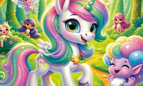 En un claro de bosque encantado, una magnífica unicornio llamada Estrella se encuentra orgullosamente en el centro de la imagen. Tiene una melena brillante de colores pastel, con reflejos rosas y violetas, y un cuerno dorado que brilla bajo el sol. Su expresión es alegre y curiosa, con sus grandes ojos brillando de emoción mientras observa a los duendes a su alrededor. A su lado, Zipo, un pequeño ser mágico mitad dragón mitad nube, flota alegremente en el aire. Tiene un cuerpo esponjoso y colorido que cambia de tono según su humor, y sus ojos dorados brillan de travesura. Está riendo, listo para proponer una carrera de nubes a los duendes. El lugar es un claro verde, rodeado de árboles con hojas brillantes, donde crecen flores multicolores en abundancia. Rayos de sol atraviesan el follaje, iluminando la escena con una luz cálida y mágica. La situación principal muestra a Estrella y Zipo, rodeados de duendes risueños, listos para participar en una divertida carrera de nubes. Los duendes, con sus orejas puntiagudas y rostros traviesos, ya están sobre nubes esponjosas, riendo y lanzándose al aire, mientras Estrella y Zipo los animan con entusiasmo.