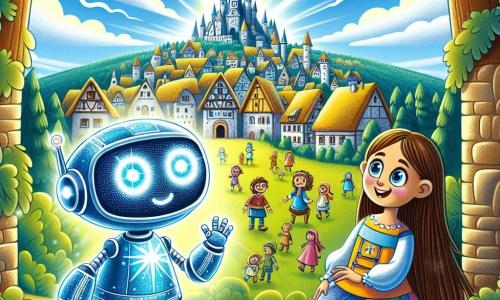 Zippy, un piccolo robot di metallo blu scintillante con grandi occhi luminosi e un sorriso curioso, si trova al centro dell'immagine, con le braccia aperte e un'espressione di meraviglia sul volto. È circondato da una luce brillante che simboleggia il viaggio nel tempo. Alla sua destra, una giovane ragazza di nome Mia, con lunghi capelli castani e occhi scintillanti, indossa un vestito colorato e sorride gioiosamente alzando la mano per salutare Zippy. Sullo sfondo, si estende un magnifico paesaggio medievale: un pittoresco villaggio con case di pietra dai tetti di paglia, alberi verdi e un maestoso castello che sovrasta la scena. Il cielo è di un blu brillante, punteggiato da nuvole bianche e soffici. La scena principale mostra Zippy e Mia, meravigliati, che scoprono insieme il villaggio medievale, mentre bambini giocano gioiosamente intorno a loro, creando un'atmosfera di felicità e avventura.
