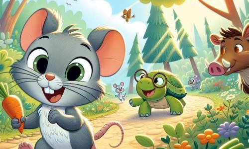 Um ratinho fofo, com pelagem cinza e olhos brilhantes de travessura, está correndo alegremente por um caminho na floresta, com um grande sorriso no rosto. Ao seu lado, uma tartaruga amigável, com uma carapaça verde e óculos redondos, observa Rato com admiração, enquanto um javali, com pelagem marrom e orelhas grandes, está fuçando nos arbustos, intrigado com o barulho da corrida. A cena se passa em uma floresta mágica, onde as árvores são altas e frondosas, com flores coloridas e raios de sol filtrando através dos galhos, criando uma atmosfera alegre e luminosa. Ao longe, pássaros cantam, adicionando uma melodia à aventura. Nesta ilustração, Rato está em plena corrida, com cenouras brilhantes escondidas pelo caminho, enquanto o javali para para olhar e a tartaruga incentiva Rato com entusiasmo.