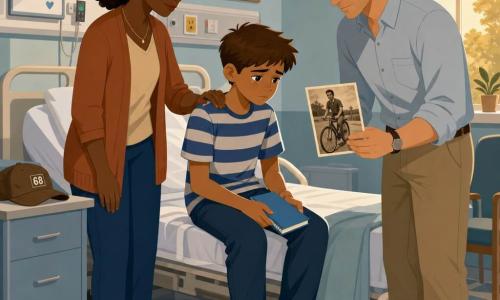 Um menino de 12 anos, triste e contemplativo, brinca com um pequeno caderno azul sobre os joelhos; cabelo castanho curto, camisola listrada azul e branca, olhos úmidos, postura curvada, sentado na beira de um leito hospitalar. Uma mulher (mãe, cerca de 35 anos) de rosto cansado mas doce, cabelo castanho apanhado, mão no ombro do menino, em pé à esquerda do leito, olhar protetor. Um homem (pai, cerca de 37 anos) de traços calmos e cansados, camisa clara, em pé à direita do leito, segurando uma antiga foto de um homem de bicicleta, ligeiramente inclinado para o menino. O leito hospitalar ao centro, lençóis brancos, manta dobrada, um boné castanho na mesa de cabeceira, uma pequena janela deixando entrar uma faixa de luz dourada, paredes em tons pastéis e chão com padrões geométricos simples. Situação: o menino dá um adeus silencioso diante do leito imóvel do avô; atmosfera sóbria e acolhedora, iluminação suave, composições claras, formas simples e cores tranquilas (azul-pálido, bege, toques de canela).