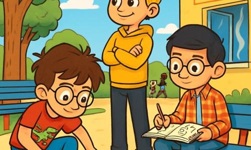 Há 3 personagens: - Pedro: Um garoto de 10 anos, com cabelos castanhos bagunçados e óculos redondos. Ele usa uma camiseta vermelha com um dinossauro e um short azul. Está agachado, examinando atentamente uma trilha de migalhas no chão. - Lucas: Um garoto de 10 anos, com cabelos loiros e lisos, com um sorriso travesso. Ele veste um moletom amarelo e uma calça preta. Está em pé, de braços cruzados, olhando para a janela aberta, com uma expressão intrigada. - Rafael: Um garoto de 10 anos, com cabelos pretos e óculos quadrados. Ele usa uma camisa xadrez e jeans. Está desenhando ideias em um caderno, sentado em um degrau ao lado de Pedro. O local é o pátio da escola, cercado por grandes árvores verdes e bancos coloridos. Ao fundo, vê-se a cantina com paredes amarelas e uma grande janela aberta, exalando aromas de comida deliciosa. Crianças brincam com bola e riem, adicionando uma atmosfera alegre à cena. A situação principal mostra os três amigos em plena investigação, procurando pistas para encontrar o misterioso pão de queijo gigante que desapareceu. Migalhas de pão estão espalhadas pelo chão, e uma janela aberta revela um céu azul brilhante. A excitação e a curiosidade estão visíveis em seus rostos, prontos para enfrentar o desafio impossível de recuperar o pão de queijo roubado.