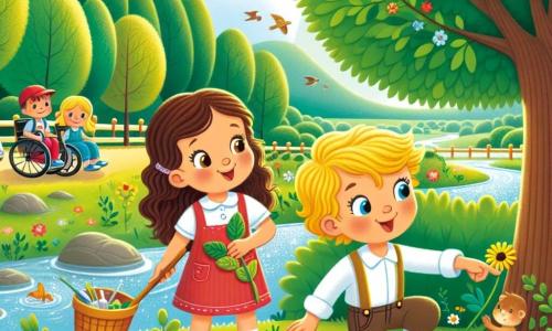 Într-un parc verde, trei copii sunt în plină acțiune. Ana, o fetiță de 4 ani cu părul lung și brunet și ochi strălucitori, este așezată lângă o floare galbenă, atingând-o delicat. Lângă ea, Mihai, un băiat de 4 ani cu părul blond și ochi albaștri, arată cu degetul spre un copac mare unde se vede un cuib de păsări. Un pic mai departe, Alex, un băiat de 4 ani cu părul castaniu și un zâmbet cald, stă în scaunul său cu rotile, observând o brotacică care sare vesel în iarbă. Parcul este plin de copaci mari cu frunze verzi, flori colorate și un cer albastru strălucitor. Păsările cântă în ramuri, iar o mică apă strălucește în depărtare, adăugând o notă de magie acestui loc liniștit. Copiii strâng gunoaiele pentru a curăța parcul, arătând determinarea lor de a proteja natura. Ei zâmbesc și se încurajează reciproc, ilustrând importanța îngrijirii mediului înconjurător în timp ce se distrează împreună.