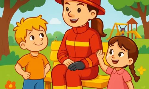 O femeie pompier curajoasă, Alina, stă pe o bancă într-un parc însorit, zâmbind cu mândrie și bunătate. Ea poartă un uniform roșu aprins, cu o cască strălucitoare și cizme negre, iar părul ei castaniu este prins într-o coadă de cal. Lângă ea, un băiat de 7 ani, Alex, cu ochii sclipitori și părul blond zbârlit, o observă cu admirație, cu mâinile pe șolduri, pregătit să asculte poveștile ei. Aproape de ei, o fetiță de 6 ani, Maria, cu împletituri brunete și o rochie roz, ridică mâna pentru a pune o întrebare, fața ei strălucind de curiozitate. Parcul este plin de verdeață, cu copaci foioși, flori colorate și copii jucându-se în depărtare. În fundal, o zonă de joacă animată adaugă o notă de bucurie scenei. Situația principală o arată pe Alina împărtășind povești captivante despre meseria ei de pompier, înconjurată de acești doi copii fascinați, creând o atmosferă caldă și inspiratoare.