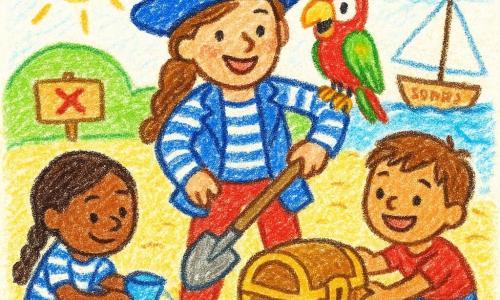 Captain May, a woman smiling with joy and confidence in bright red boots, a blue pirate hat, a striped jacket and holding a small wooden shovel as she pulls a shiny chest from the sand; Nia, about 8 with braided hair in a striped shirt, crouched to May’s left pouring water from a cup to loosen the sand; Ben, about 9 with short sandy hair holding a sticky map with a jam stain and pulling the chest to May’s right; Pip the colorful parrot with bright green and red feathers perched on May’s shoulder shouting; a round green island with a wooden sign marked with a red X, soft yellow sandy beach, small blue waves, and the boat “Sunny Shell” with a white sail near the shore; main scene: they pull a small sparkling chest out of the sand, sand flying like little glitter, laughing faces, simple colorful shapes in a childlike crayon style.
