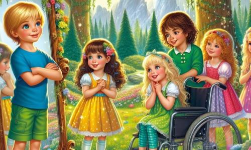 Într-o poieniță fermecată din Pădurea Smarald, cinci copii stau împreună, înconjurați de flori colorate și copaci mari cu frunze strălucitoare. Alex, un băiat de 10 ani cu părul blond, poartă un tricou albastru și o pereche de pantaloni scurți verzi, zâmbind curios. Maria, o fetiță de 9 ani cu ochi albaștri și părul brun în două codițe, este fascinată de reflecția sa într-o oglindă mare din lemn, îmbrăcată într-o rochie galbenă cu buline albe. Ionuț, un băiat de 11 ani în scaun cu rotile, are părul șaten și poartă un hanorac roșu, zâmbind cu bucurie și determinare. Clara și Lia, două surori gemene de 8 ani cu părul lung și creț, râd împreună în timp ce privesc o oglindă magică ce le arată imagini din visele lor. Poienița este iluminată de o lumină aurie, cu raze de soare filtrându-se printre crengile copacilor, creând o atmosferă magică. Copiii descoperă Oglinzile Adevărului, oglinzi magice care le dezvăluie esența adevărată și curajul interior, pregătindu-se să învețe o lecție valoroasă despre lumina care strălucește în fiecare dintre ei.