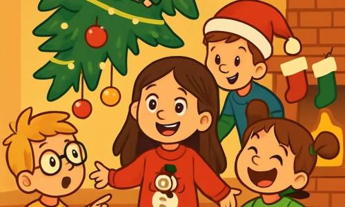 Es gibt vier Kinder: - Lena: ein 8-jähriges Mädchen mit langen braunen Haaren und funkelnden Augen. Sie trägt einen roten Pullover mit einem Schneemann und steht in der Mitte, lächelnd und begeistert. - Jonas: ein 7-jähriger Junge mit zerzausten blonden Haaren und runden Brillen. Er steht links von Lena und zeigt überrascht auf den Weihnachtsbaum. - Mia: ein 6-jähriges Mädchen mit Zöpfen und einem grünen Kleid mit Punkten. Sie steht rechts von Lena, die Hände in die Hüften gestützt, und lacht fröhlich. - Emil: ein 7-jähriger Junge mit braunen Haaren und einer Weihnachtsmütze. Er steht hinter Lena und beugt sich vor, um den Baum zu beobachten. Der Ort ist ein gemütliches Wohnzimmer, das weihnachtlich dekoriert ist, mit einem großen, beleuchteten Weihnachtsbaum, der mit glitzernden Girlanden und bunten Kugeln geschmückt ist. Geschenke sind um den Baum gestapelt, und Lichtergirlanden leuchten an den Wänden. Ein Ziegelstein-Kamin mit aufgehängten Socken verleiht eine festliche Note. Die Hauptsituation zeigt die Kinder, die den Weihnachtsbaum entdecken, der kurioserweise verkehrt herum steht, mit herabfallenden Dekorationen. Sie lachen und staunen, während ein kleiner schelmischer Kobold, der sich hinter dem Baum versteckt, sie mit einem verschmitzten Lächeln beobachtet.