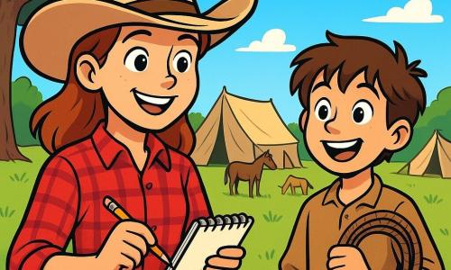 Clara, una vaquera valiente de unos 12 años, lleva un gran sombrero de cowboy beige y una camisa de cuadros rojos. Su rostro brilla con una sonrisa decidida, sus ojos destilan emoción mientras sostiene un pequeño cuaderno en una mano y un lápiz en la otra. A su lado, Nico, un niño de 10 años con el pelo castaño desordenado, mira con admiración, sosteniendo una cuerda de lazo. Está entusiasmado y listo para la aventura. Al fondo, un campamento de vaqueros se erige bajo un cielo azul brillante, con tiendas de lona, caballos tranquilos y un gran árbol que ofrece sombra. La escena transmite una atmósfera de camaradería y trabajo en equipo, mientras Clara y Nico se organizan para repartir las tareas del campamento, rodeados de risas y alegría.