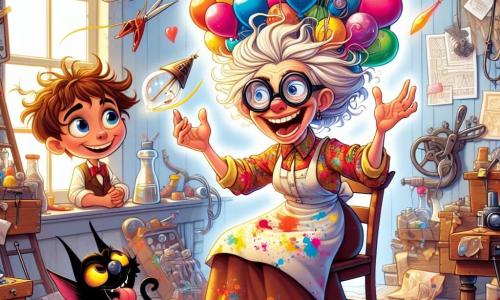Doña Inventa es una mujer alegre de unos cincuenta años, con el pelo despeinado y grandes gafas redondas que se deslizan por su nariz. Lleva una blusa colorida cubierta de manchas de pintura y sonríe con asombro mientras está sentada en una silla, usando un sombrero volador lleno de globos de colores, listo para despegar. A su lado, un niño de unos 8 años, con el pelo castaño desordenado y una sonrisa traviesa, sostiene un globo en forma de corazón y mira a Doña Inventa con admiración. Un gato negro con un sombrero de copa, sentado en el suelo, observa la escena con curiosidad, listo para saltar sobre el sombrero. La escena tiene lugar en un taller luminoso y caótico, lleno de herramientas brillantes, papeles arrugados y máquinas extrañas, con rayos de sol filtrándose a través de una ventana, iluminando los colores vivos de la invención. Doña Inventa está a punto de volar por los aires con su sombrero volador, rodeada de sus amigos, todos ansiosos por vivir una aventura mágica en el cielo.