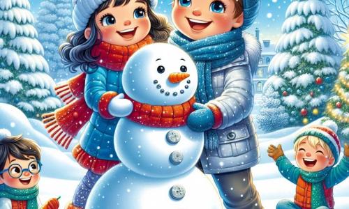 Un niño de 9 años, llamado Mateo, está en el centro de la imagen, sonriendo con emoción. Lleva un traje de nieve azul, una bufanda roja y un gorro de lana, mientras rueda una gran bola de nieve para hacer un enorme muñeco de nieve. A su derecha, Sofía, una niña de 9 años con cabello rizado y castaño, decora el muñeco con una zanahoria para la nariz y piedras como botones, mostrando su alegría. A la izquierda, Lucas, un niño de 9 años con gafas y cabello rubio, lanza una bola de nieve riendo, con las mejillas sonrojadas por el frío. El escenario es un parque invernal encantador, con árboles cubiertos de nieve brillante y copos cayendo del cielo azul claro, y un pequeño árbol decorado al fondo. La escena principal muestra a los tres amigos divirtiéndose juntos, construyendo su muñeco de nieve mientras comparten risas y cuentos, capturando la magia y alegría del invierno.