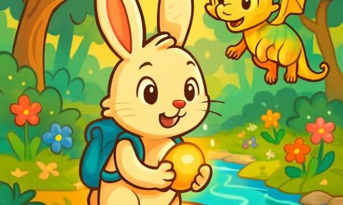 Ein junger abenteuerlicher Hase namens Finn mit weichem, cremfarbenem Fell, großen aufrechten Ohren und neugierigen Augen steht am Ufer eines glitzernden Kristallflusses. Er zeigt einen Ausdruck von Entschlossenheit und Staunen, während er einen kleinen leuchtenden Stein in seinen Vorderpfoten hält. An seiner Seite schwebt ein kleiner Drache namens Lior mit schillernden Schuppen und goldenen Augen fröhlich in der Luft und lächelt ermutigend. Im Hintergrund erhebt sich ein magischer Wald mit gedrehten Baumstämmen und funkelnden Blättern, während bunte Blumen im Rhythmus einer sanften Brise tanzen. Die Szene zeigt Finn und Lior, die bereit sind, den von Sonnenstrahlen erleuchteten Fluss zu überqueren, was den Beginn eines großen Abenteuers symbolisiert.
