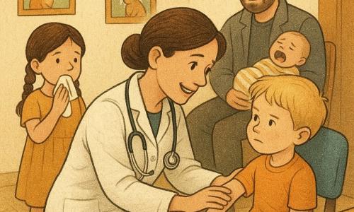 Medicină femeie zâmbitoare, păr brun prins în coc, stetoscop la gât, se apleacă și ține ușor cotul băiatului rănit; băiatul, ~6 ani, față palidă cu vânătaie mov pe cotul stâng, păr scurt blond, stă pe un scaun albastru și privește cu încredere; fetița, ~5 ani, păr brun împletit, nas care curge, ține un șervețel și stă lângă ușă curioasă; tatăl, ~30 ani, stă și ține un bebeluș de 8 luni înfășat care plânge, poartă o geacă gri și privește cu blândețe; sala de așteptare luminează cald, pereți crem, postere colorate cu animale și un birou de lemn cu carnet și termometru; situația principală: medicul liniștește și examinează cotul rănit cu gesturi blânde, atmosferă liniștită și atentă, ceilalți privesc cu răbdare.