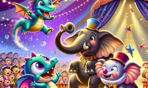 Un piccolo drago dalle squame scintillanti che cambiano colore danza gioiosamente sotto il grande tendone del circo, con un ampio sorriso sul volto e scintille luminose che escono dalle narici. Accanto a lui, un elefante dalle grandi orecchie rosa, con un cappello da clown in testa, ride di cuore, gli occhi scintillanti di gioia mentre esegue passi di danza goffi. Sullo sfondo, un maestoso leone con una criniera dorata applaude con entusiasmo, la coda che frusta l'aria, in piedi sulle zampe posteriori. Il tendone del circo è decorato con colori vivaci, bandierine fluttuanti e luci scintillanti, mentre una folla meravigliata, composta da bambini e adulti, osserva con occhi sbarrati, pieni di stupore. La scena cattura l'energia e la magia di uno spettacolo circense, dove sogno e realtà si incontrano in un'esplosione di gioia e colori.