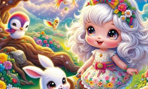 Una bambina di 5 anni, Mia, con lunghi capelli castani e occhi scintillanti di curiosità, si trova al centro dell'immagine, sorridente e meravigliata, di fronte a un grande giardino magico. Indossa un vestito colorato decorato con fiori e tiene uno zainetto pieno di tesori. Accanto a lei c'è Bianchino, un adorabile coniglietto bianco con grandi orecchie e pelo setoso, che salta felice intorno a lei. Più in là, Melodia, un uccellino dalle piume multicolori, canta su un ramo, mentre Luce, una lucertola brillante dalle squame scintillanti, si riposa su una pietra, osservando la scena con uno sguardo amichevole. Il giardino è un luogo incantevole, pieno di fiori dai colori vivaci, alberi dai tronchi contorti e foglie lucenti, sotto un cielo blu punteggiato di nuvole morbide. I raggi di sole filtrano tra i rami, creando riflessi di luce nell'erba verde. La scena principale mostra Mia e i suoi amici che scoprono un grande baule di legno antico, decorato con motivi dorati, che brilla in mezzo ai fiori. Sono tutti emozionati e curiosi, pronti ad aprire il baule per rivelare il tesoro nascosto all'interno.